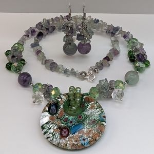 Sterling Silver 21"  Fluorite Dichroic Millefiori Art Glass Necklace Earring Set